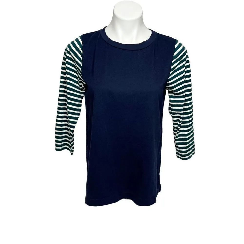 J. Crew 3/4 sleeve navy blue top with green and white striped sleeves size M